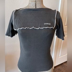 GIVENCHY | Vintage 1970s Logo Tshirt | black Boat Neck Sailor Collar | Sz. S